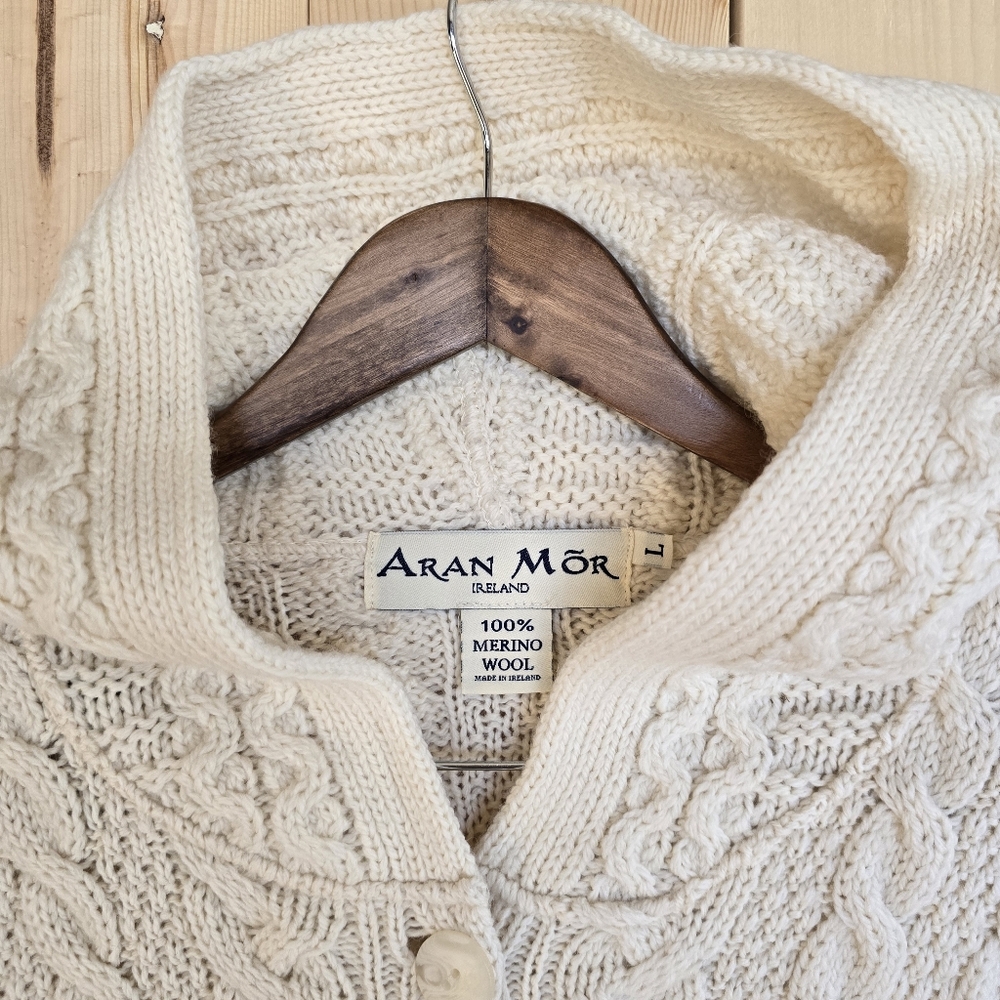 Aran Mor Ireland Cable Knit Cardigan Sweater Merino Wool Cream Womens Large - Picture 6 of 16